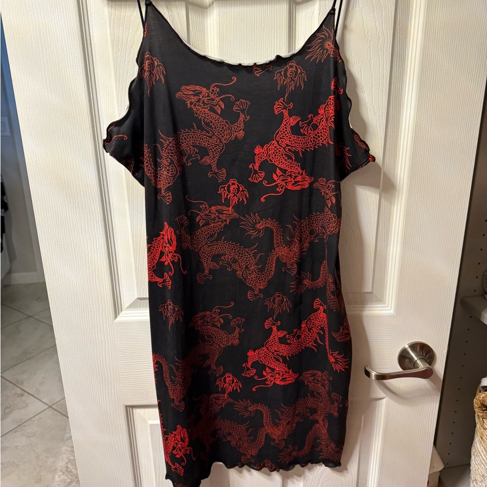 Black and Red Dragon Print Slip Dress